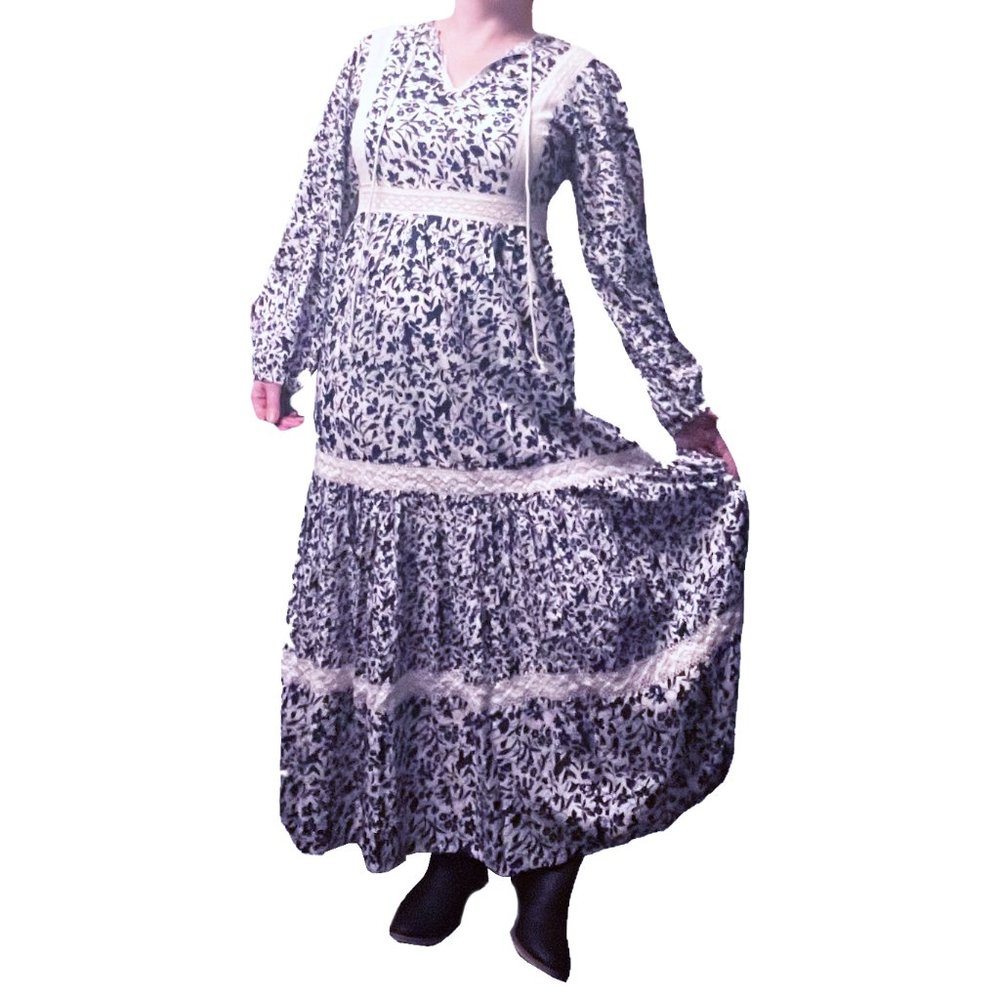 Prairie Dress Floral Maxi Long Sleeve Peasant With Crocheted Details Side Zip